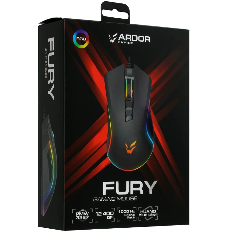Мышь проводная ARDOR GAMING Fury [ARD-FURY3327-BK], 12400 dpi, RGB, черный