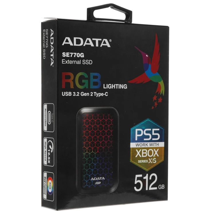 512 ГБ Внешний SSD ADATA ASE770G [ASE770G-512GU32G2-CBK], USB 3.2 Gen 2 Type-C, RGB, OTG