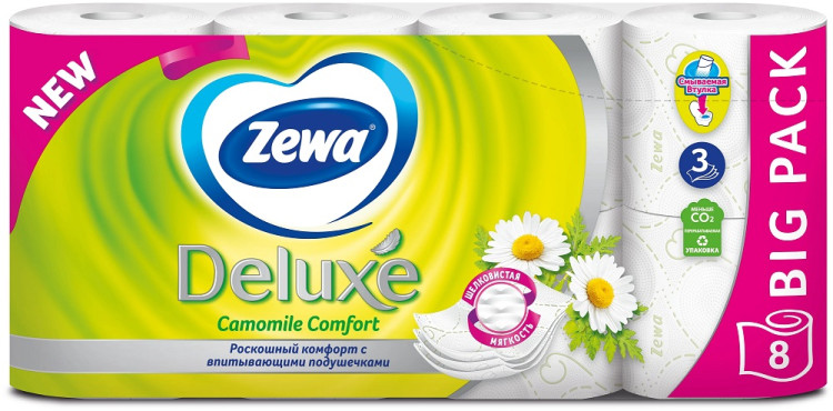 Туалетная бумага Zewa Deluxe Ромашка, 3 слоя, 8 рулонов