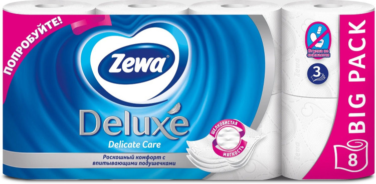 Туалетная бумага Zewa Deluxe Белая, 3 слоя, 8 рулонов Туалетная бумага Zewa Deluxe Белая, 3 слоя, 8 рулонов
