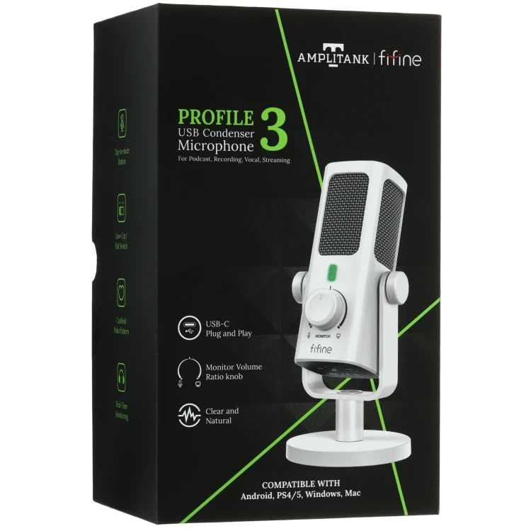 Микрофон Fifine Profile3 белый, конденсаторный, кардиоидный, настольный Микрофон Fifine Profile3 белый, конденсаторный, кардиоидный, настольный