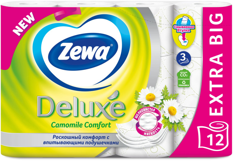 Туалетная бумага Zewa Deluxe Ромашка, 3 слоя, 12 рулонов